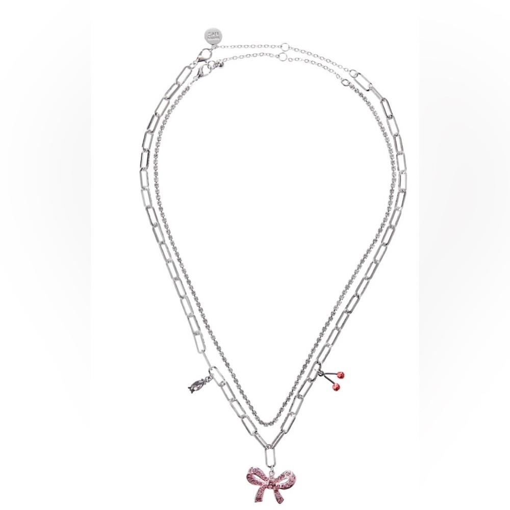 NWT Madden NYC Pink Bow Cherry Charm Layered Necklace Set
